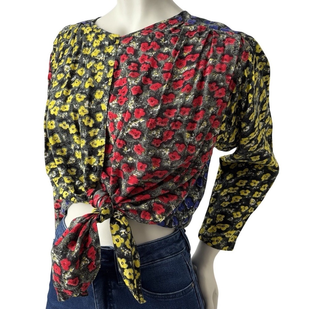 Vintage Sportsgirl Flower Print Blouse Rayon Red Blue Yellow Romanticgoth Small